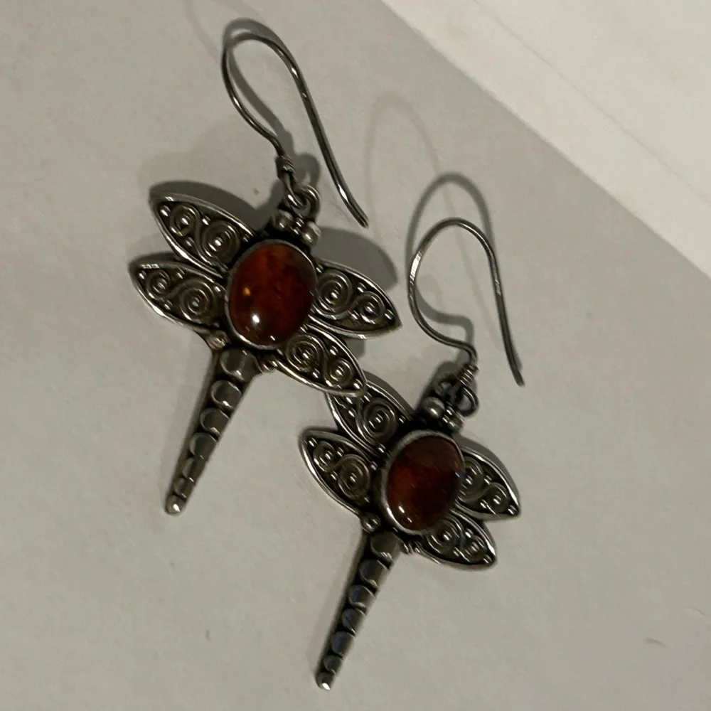 Dragonfly Silver and Amber Earrings - Picture 1 of 8